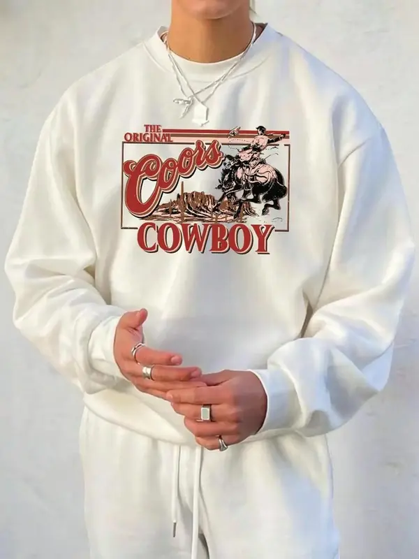 Unisex Men's Drop Shoulder Cowboy Graphic Essentials Sweatshirt, Regular Fit Western Fashion Long-sleeve Crew Neck Pullover,...