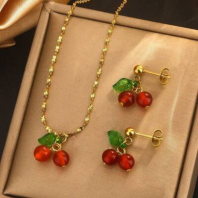 Cherry 304 Stainless Steel Glass Pendant Necklaces & Stud Dangle Earrings Sets