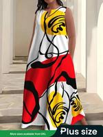 【Plus Size】 All Over Print Tank Dress, Casual Flattering Sleeveless Maxi Dress for Summer, Women's Plus Clothing for Dail...
