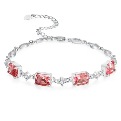 Sterling Silver Princess-square Shaped Crystal Personalized Birthstone Bead Station Chain Bracelet