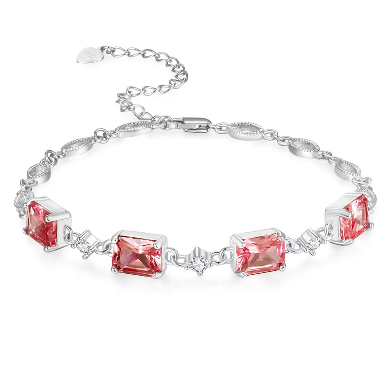 Sterling Silver Princess-square Shaped Crystal Personalized Birthstone Bead Station Chain Bracelet