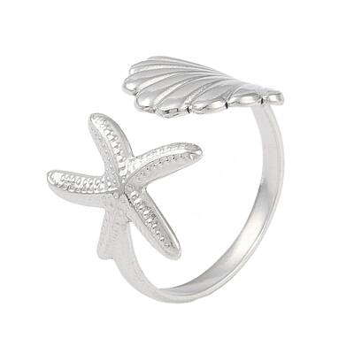 304 Stainless Steel Starfish & Shell Open Cuff Rings for Women