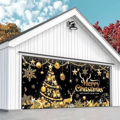 Aperturee Black Gold Christmas And New Year Garage Door Banner