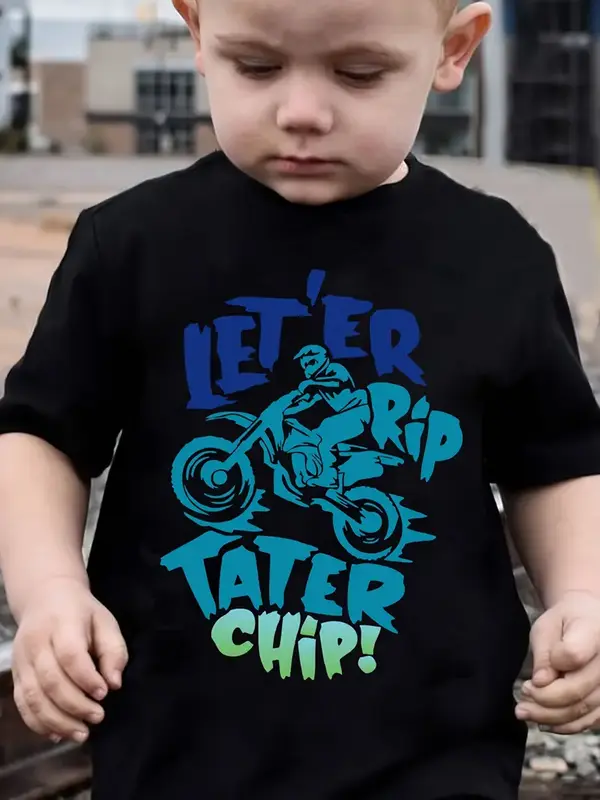 Boys' Cotton T-Shirt, Off-Road Motorcycle Pattern Print And Letter Print, Comfortable And Casual Round Neck Short Sleeved