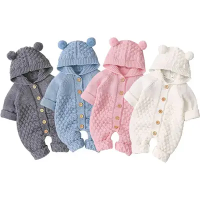 Newborn Baby Girls Boys Hooded Sweater Romper Knit Bear Ear Long Sleeve Solid Color Button Jumpsuits Winter Clothes