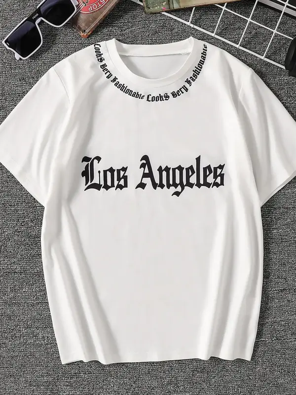 Boy's Los Angeles Letter Print Round Neck Tee, Casual Short Sleeve Crew Neck T-shirt for Summer, Kids Clothes for Daily Wear,...