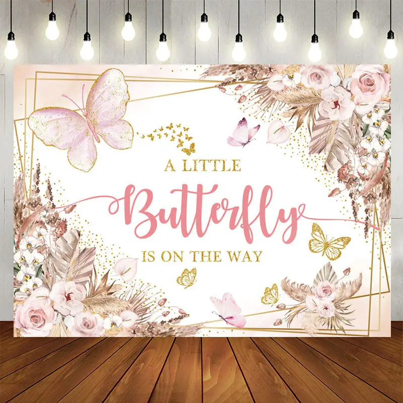 Aperturee Boho Butterfly Floral Baby Shower Backdrop For Girl