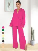 Two-piece Set Women's Casual Solid Long Sleeve Button Collared Shirt & Split Hem Pants, Casual Elegant Basic Loose Flounce Sl...