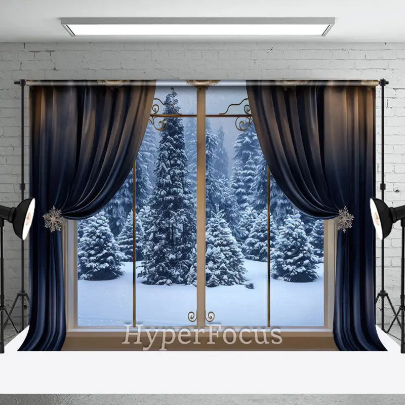Blue Curtain Window Forest Scene Winter Backdrop - Aperturee