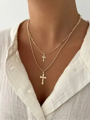 Vintage Cross Design Layered Necklace for Women & Girls, Trendy All-match Vintage Mexican Necklace for Birthday Gift, Fashion...