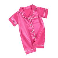 Baby Girls Summer Satin Jumpsuit Pajama Short Sleeve Lapel Solid Color Button Up Kids Sleepwear