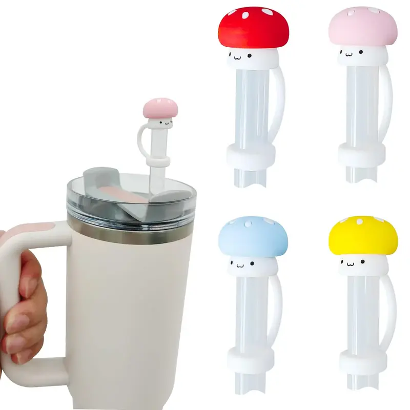 Silicone Straw Cover Cap, 4pcs Cute Mushroom Shaped Straw Topper, Reusable Drinking Accessories For Cup Tumbler