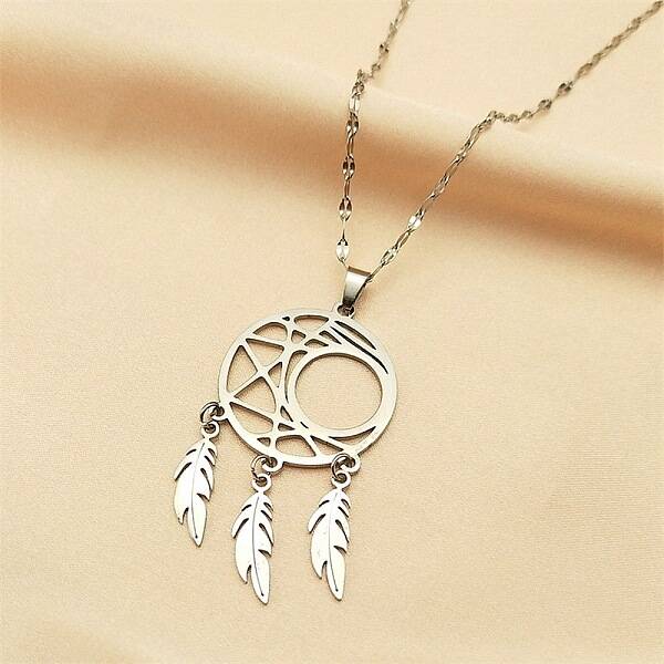 Non-Tarnish Woven Net/Web with Feather 304 Stainless Steel Boho Pendant Necklaces for Women