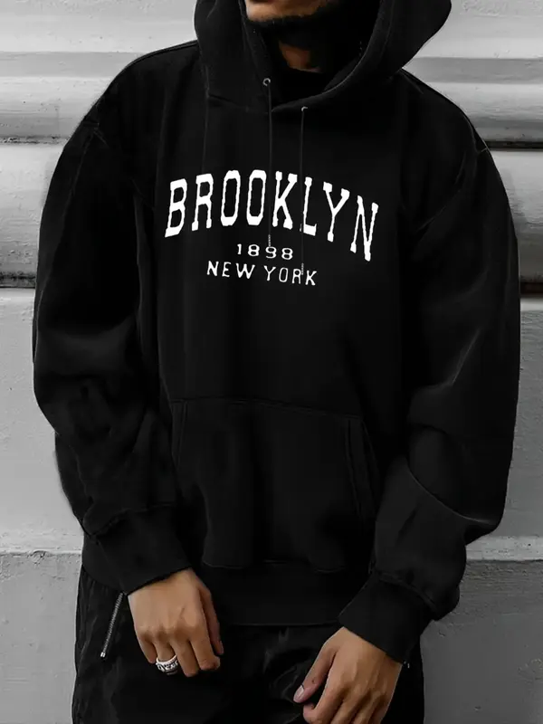 Men's 1898 BROOKLYN Print Graphic Hoodies, Trendy Casual Pocket Drawstring Hooded Sweatshirt, Teens Men's Clothes for Fal...