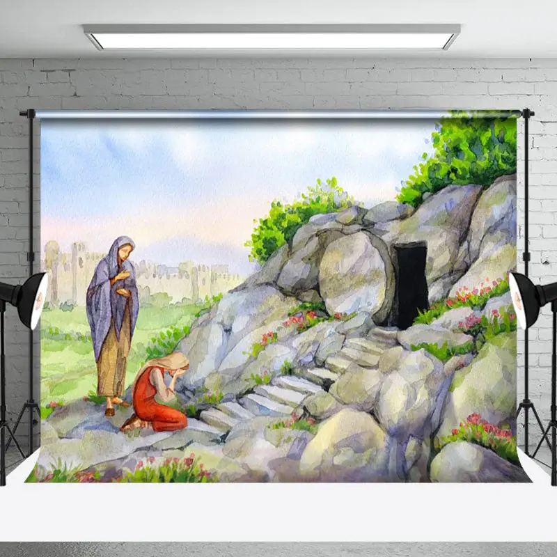 Aperturee Painted Stone Grave Greenery Spring Easter Backdrop, 3X2FT(1MX0.6M), 14 USD, easter backdrops, NYHD6I35-M