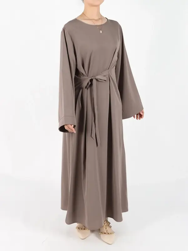 Women's Solid Belted Long Sleeve Kaftan Dress, Modest Round Neck Long Dress for Daily Wear, Casual Ladies Muslim Maxi Cl...