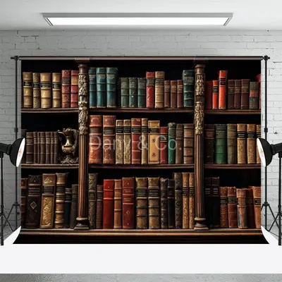 Brown Retro Bookshelf Wall Backdrop For Photo Shoot - Aperturee