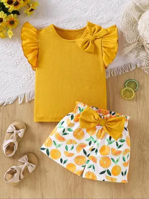 Two-Piece Set Girl's Plain Bow Decor Tee & Orange Print Shorts Set, Cute Casual Butterfly Sleeve Top & Elastic Waist Shorts, ...