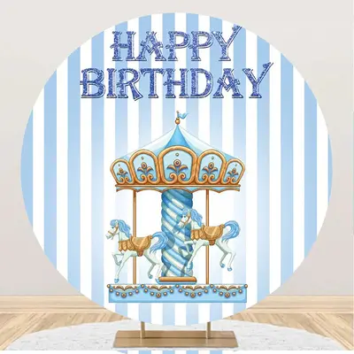 Blue White Stripe Circus Round Birthday Backdrop - Aperturee