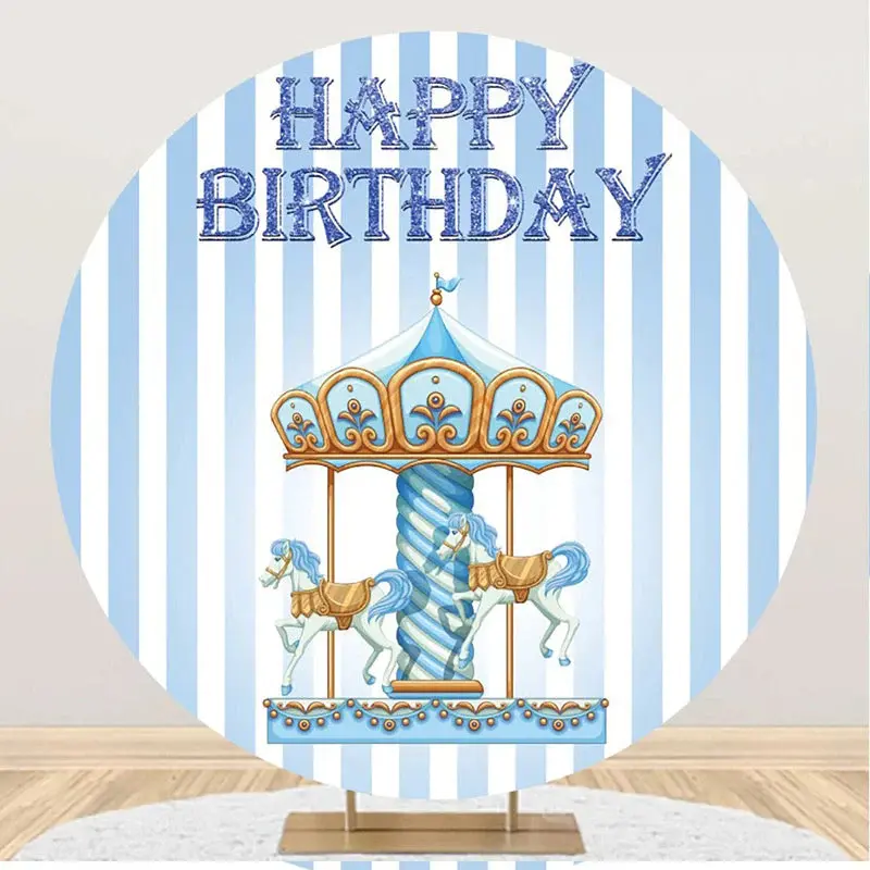 Blue White Stripe Circus Round Birthday Backdrop - Aperturee