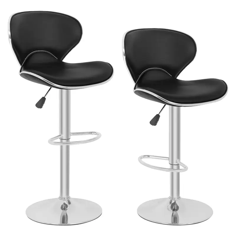 Set of 2 Bar Stools Modern PU Leather Height Adjustable Swivel Armless Kitchen Counter with Back and Footrest, Black Color