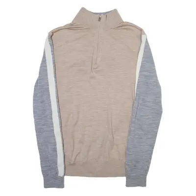 REISS Lightweight Mens Jumper Beige 1/4 Zip Tight Knit L