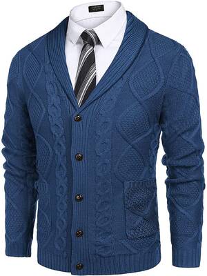 Shawl Collar Button Down Knitted Sweater with Pockets (US Only), Blue / XXXL