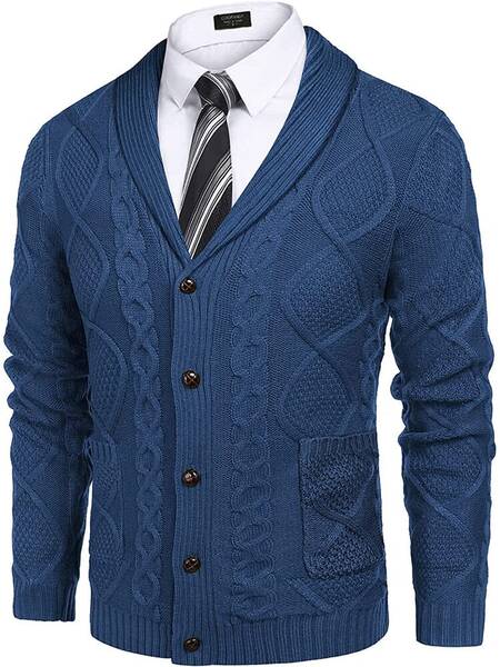 Shawl Collar Button Down Knitted Sweater with Pockets (US Only), Blue / XXXL