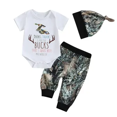 Baby Boys 3PCS Outfit Sets 0-18 Months White Short Sleeve O Neck Romper Pattern Print Pants Hat Sets