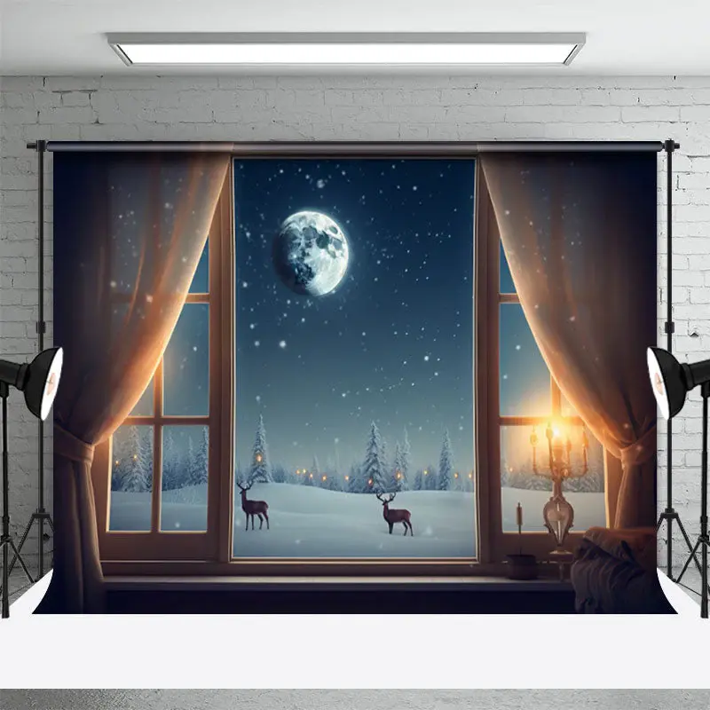 Snowy Night Moon Reindeer Window Christmas Backdrop - Aperturee