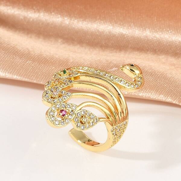 Peacock Brass Micro Pave Clear Cubic Zirconia Open Cuff Rings for Women