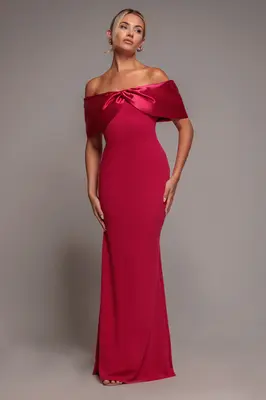 Goddiva Twist Knot Satin & Scuba Bardot Maxi Dress - Magenta