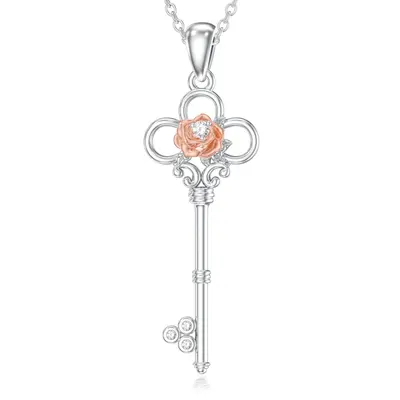 Sterling Silver Two-tone Moissanite Rose & Key Pendant Necklace