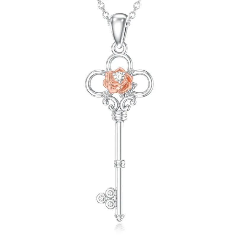 Sterling Silver Two-tone Moissanite Rose & Key Pendant Necklace
