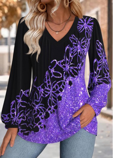 Modlily Purple Tummy Coverage Butterfly Print Long Sleeve Blouse - XXL