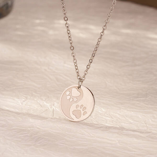 Stainless Steel Yin-yang Cat Paw Print Pendant Necklaces for Women's Daily Wear