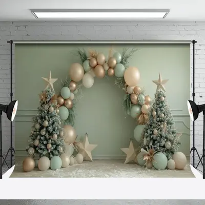 Green Wall Arch Balloon Star Christmas Tree Backdrop