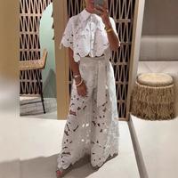 2025 Euro-American 2-Piece Set | Sexy Hollow Out Blouse & Wide Leg Pants - Trendy Summer Women's Outfit for Casual & Evening ...