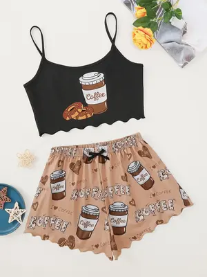 2 Piece Set Women's Coffee Print Scallop Trim Pyjama Set, Sleeveless Crop Cami Top & Elastic Waist Shorts, Summer Clothes Wo...