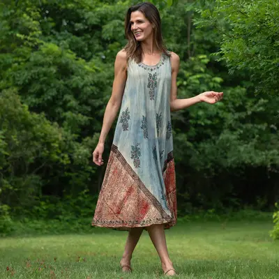 Dusty Pink & Blue Floral Sleeveless Dress - OSFM Plus