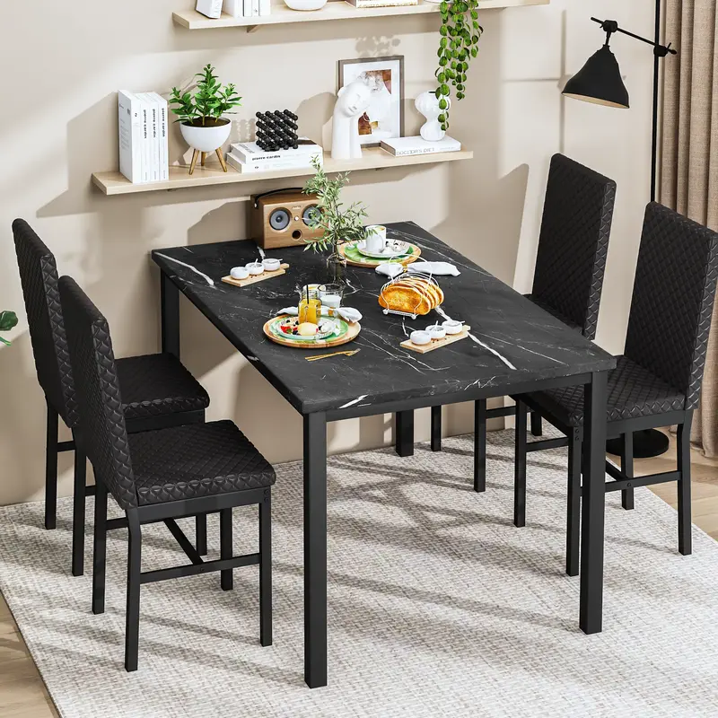 AWQM Dining Table Set for 4 - Faux Marble Kitchen Table and 4 Upholstered PU Leather Chairs with Black Upholstered Design, Wa...