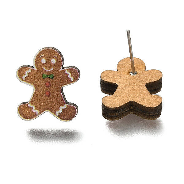 Christmas Printed Wood Stud Earrings for Women