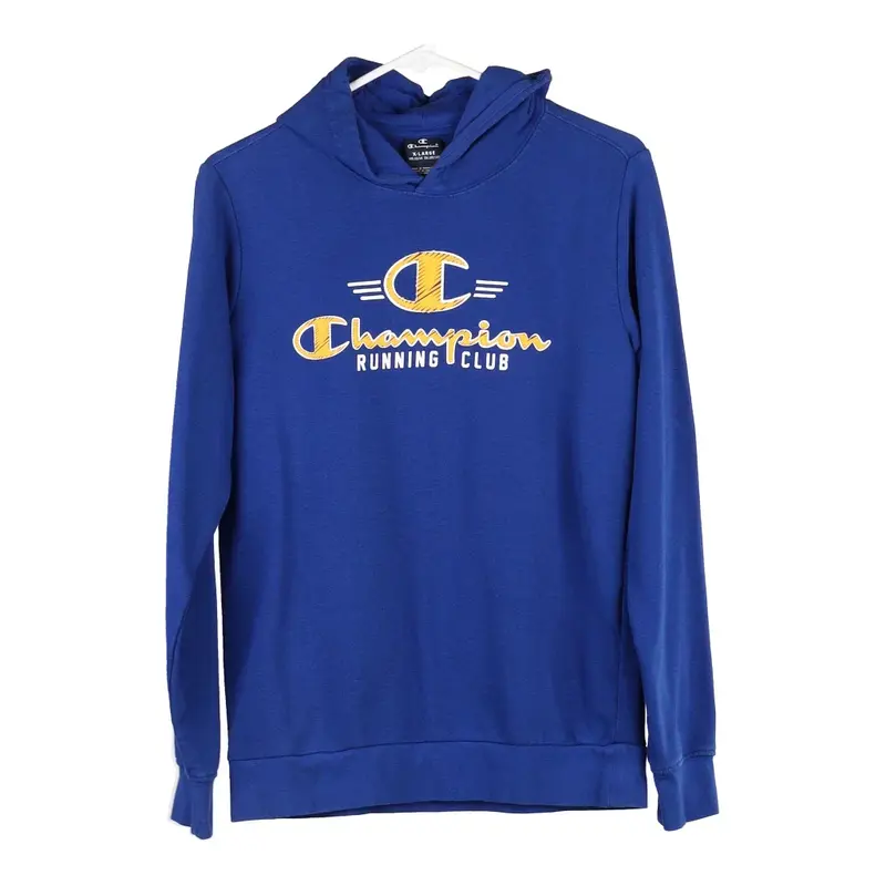 Age 13-14 Champion Spellout Hoodie - XL Blue Cotton Blend