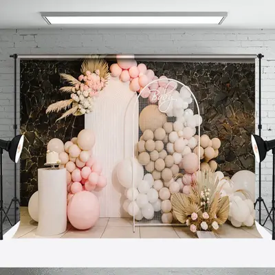 Pink Brown Boho Floral Balloons Cake Smash Backdrop - Aperturee