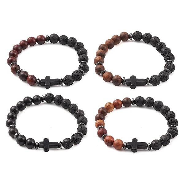 Natural & Synthetic Mixed Gemstone & Wood Cross Beaded Stretch Bracelet