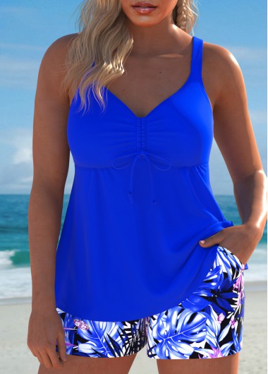 Modlily Drawstring Tropical Plants Print Royal Blue Tankini Set - XL
