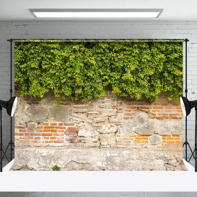 Green Leaves Rural Brick Wall Photography Backdrop - Aperturee