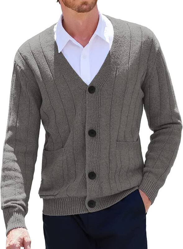Cardigan Knit V Neck Button up Sweaters (US Only), Grey / M