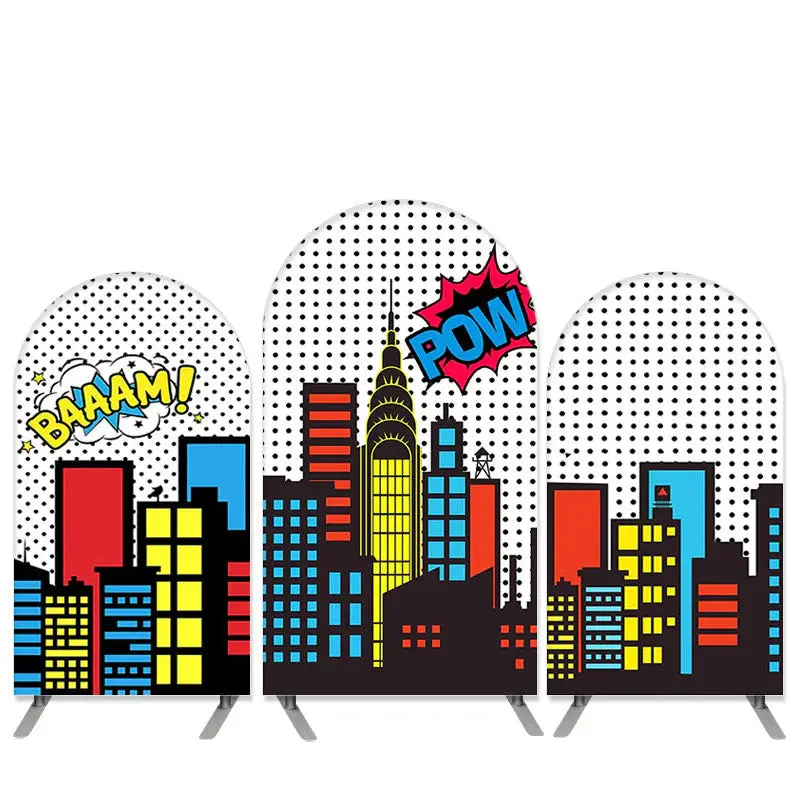 Aperturee Cartoon Buildings Theme Birthday Party Arch Backdrop Kit | Circle Arch Backdrop Diy | Custom Arched Wall Covers | C...