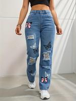 Butterfly Print Ripped Distressed Denim Pants High Waisted Straight Leg Jeans for Women Classic 5-Pocket Button Closure All S...